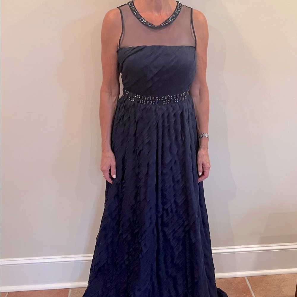 Adrianna Pappell- Sleeveless Illusion Ballgown with jewels in Deep Blue